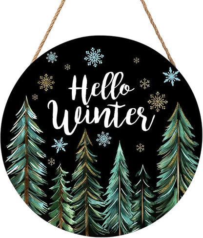 Hello Winter Welcome Sign for Front Door Winter Wreaths Winter Pine Trees Wood Door Hanger for Outdoor Outside Porch Christmas Snowflakes Round Hanging Sign for Home Porch Wall Decoration 12in