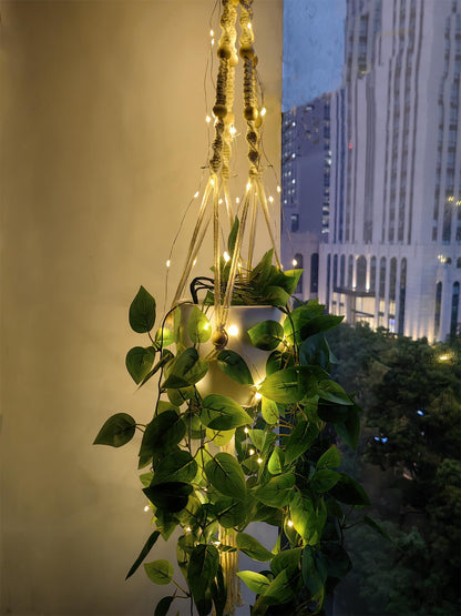 Macrame Plant Hanger with Lights Indoor Hanging Planter Basket with Wood Beads Flower Pot Holder Handwoven Cotton Rope Tassels for Boho Home Window Decor 43.5 Inch, Ivory (POTS NOT Included)