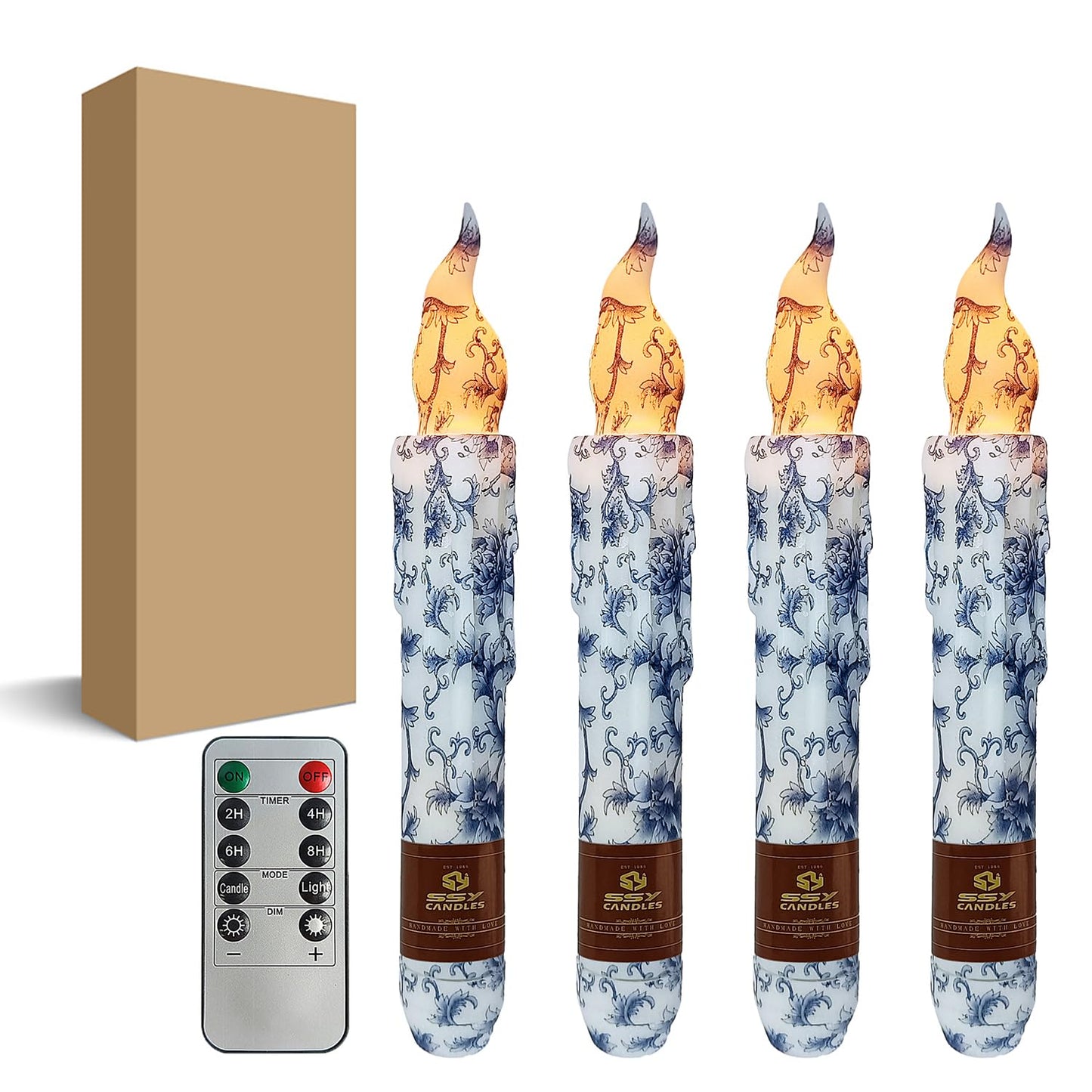 FCMSHAMD Blue and White Porcelain Flameless Short Taper Candles, Drip LED Battery Operated with Remote, Flickering Flame Lights for Home Décor, 6.7 Inch Primitive Flameless Print Candles, 4PCS
