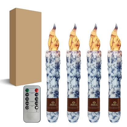FCMSHAMD Blue and White Porcelain Flameless Short Taper Candles, Drip LED Battery Operated with Remote, Flickering Flame Lights for Home Décor, 6.7 Inch Primitive Flameless Print Candles, 4PCS