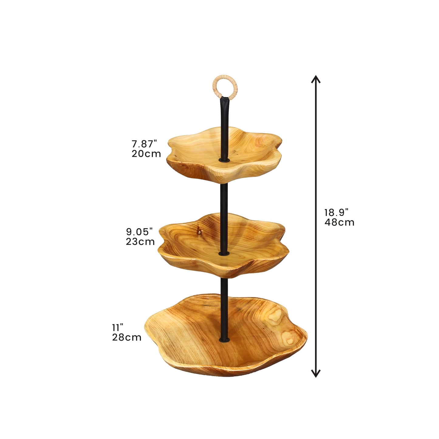 PJCOLL [PJ Collection] 3 Tier Wood Fruit and Snack Basket, Multi-Level Serving Tray, 3 Tier Cupcake Stand, Wood Plate, Three Tier Fruit Stand, Fruit Stand Holder, Handcrafted Home Goods (Round)