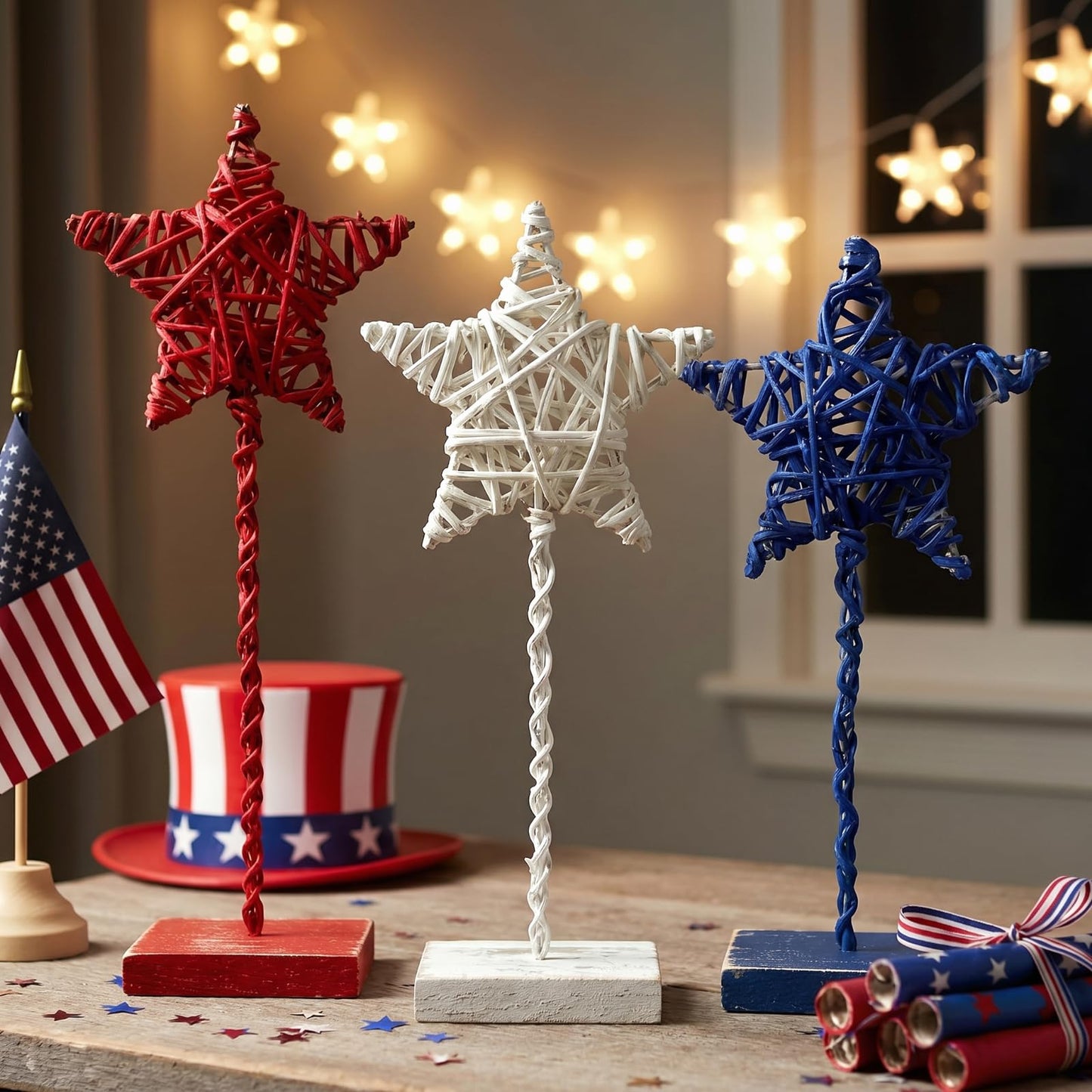 Tiamon 3 Pcs 4th of July Decorations, Metal Wood Patriotic Centerpieces Table Decor Red White Blue 3D Star Tray Sign Decor for Home Office USA July Fourth Independence Day 250th Anniversary Decoration