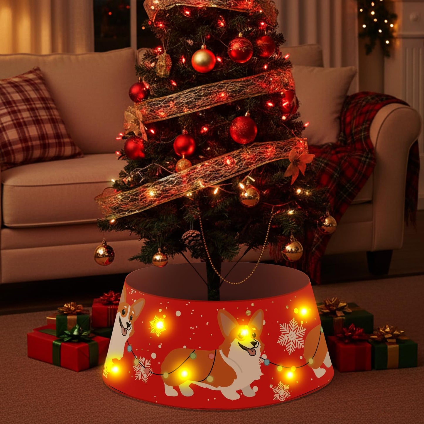Dog Christmas Tree Collar Corgi Christmas Decor Red Tree Skirt with LED Light Ring Base Cover for Christmas Trees Decoration Holiday Indoor Outdoor