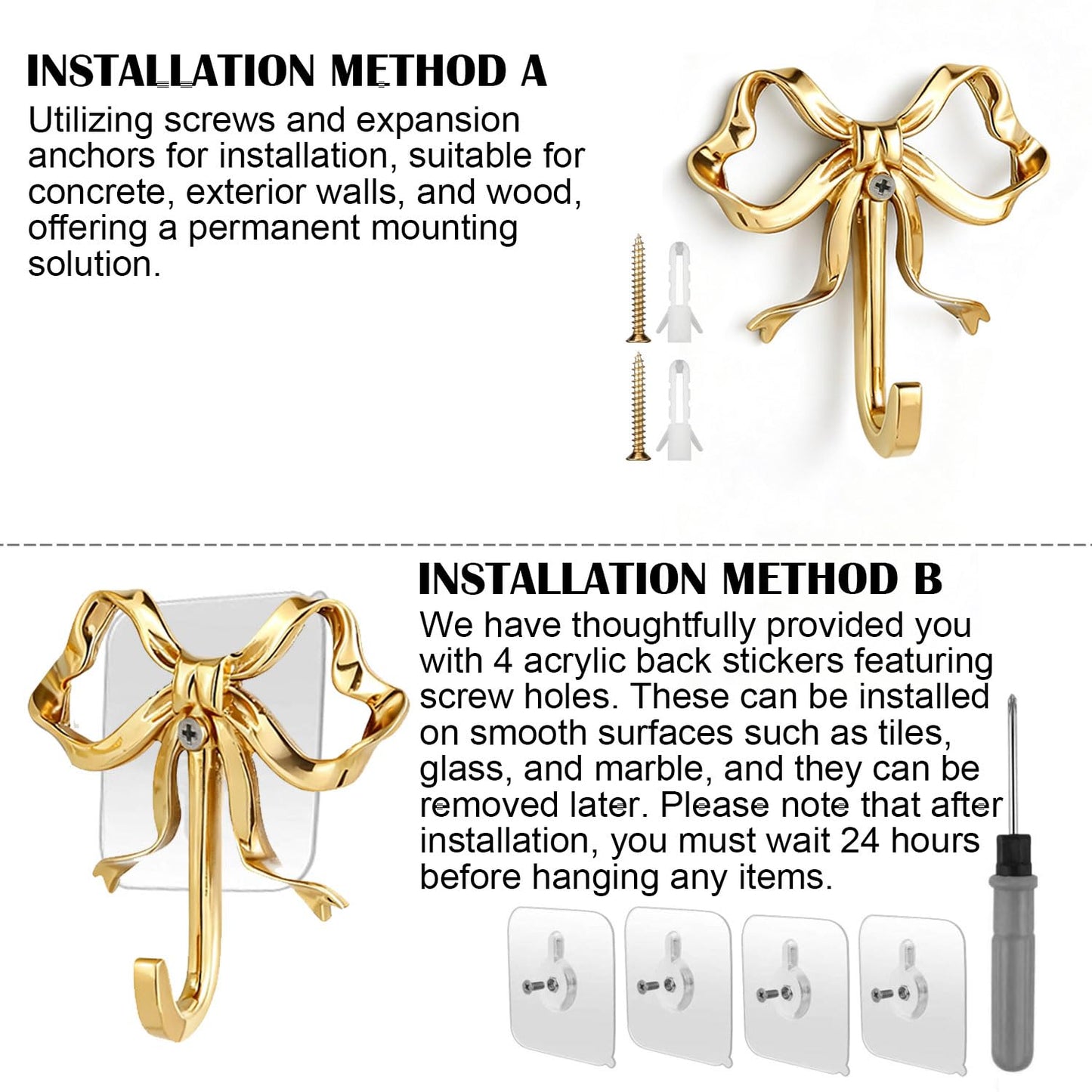YUANQIAN 2-Pack Bow Wall Hooks Gold Hooks Door Hanger for Towels Coat Bag, No-Trace Sticky Hooks for Christmas Stockings Holder, Heavy Duty Wall Hooks for Living Room Bedroom Entryway Decor (Gold)