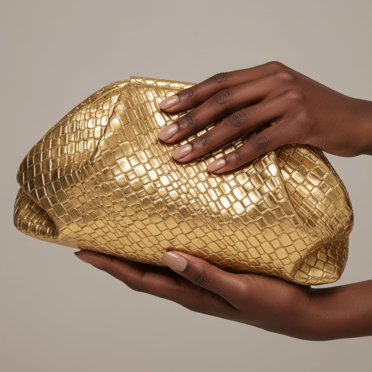 MXCMXC Women’s Woven Evening Bag Clutch Purse, Elegant Dumpling Handbag PU Leather Ruched Bag for Party Cocktail Wedding (Gold)