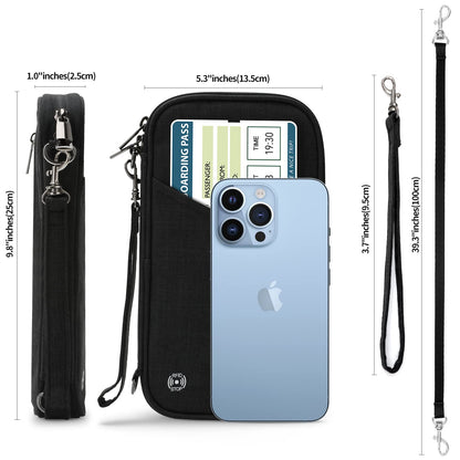 Passport Wallet, RFID Passport Holder with Vaccine Card Slot, for Family and Women & Men, Travel Document Organizer with Removable Wristlet Crossbody Strap (Black)