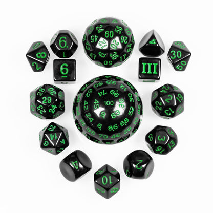 Poludie 15 Pieces Complete Polyhedral DND Dice Set D3-D100 Spherical D&D Dice Set with Dragon Eye Dice Bag, D100 Dice for Dungeons and Dragons, RPG Table Games(Black w/Green Numbers)