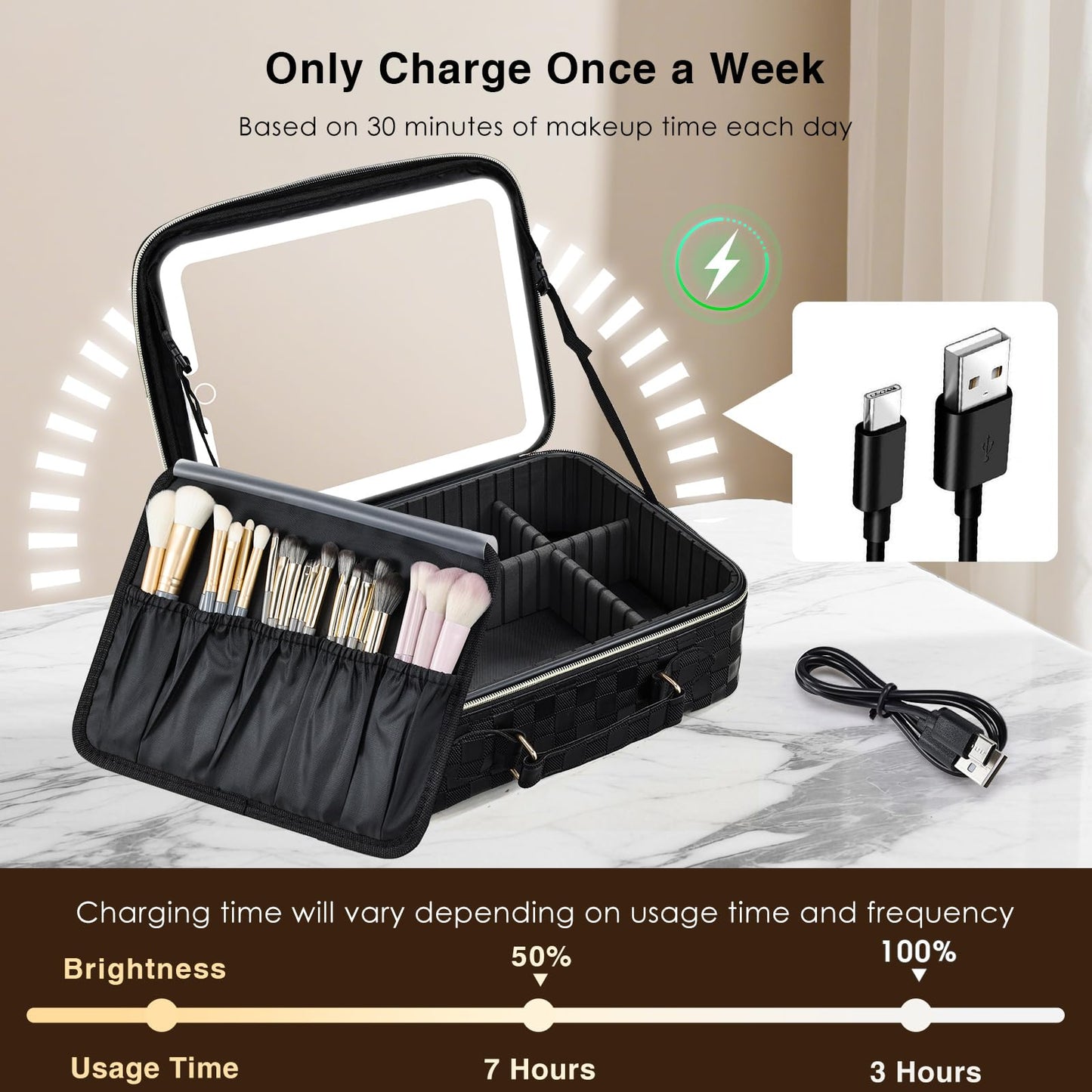 Faquenc Makeup Bag with LED Lighted Mirror 12.2 IN Travel Makeup Bag Adjustable Brightness in 3 Colors Cosmetic Organizer Artist Storage Bag with Dividers Brush Holder Bag Vanity Black Checkerboard