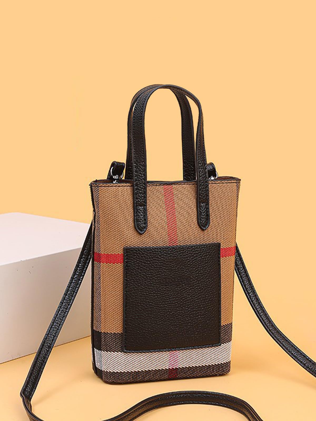 GRUMOTA Mini Plaid Canvas Handbag for Women Small PU Leather Top Handle Bucket Hand Bag,Classic Khaki Crossbody Wallet Purse(Checked Black)