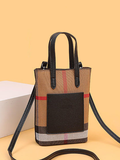 GRUMOTA Mini Plaid Canvas Handbag for Women Small PU Leather Top Handle Bucket Hand Bag,Classic Khaki Crossbody Wallet Purse(Checked Black)