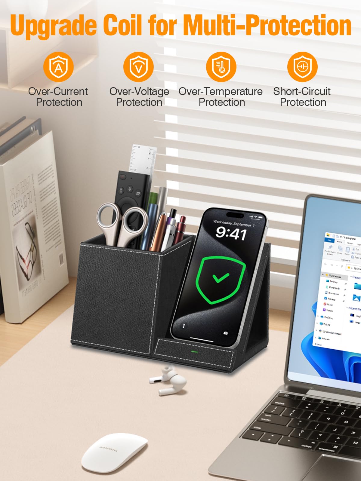 TopMade Wireless Charger with Pen Pencil Holder, Leather Mltifunctional Desk Nightstand Organizer, Fast Charging Station Remote Control Holder, Office Supplies Desk Accessories, Gifts for Men(Black)