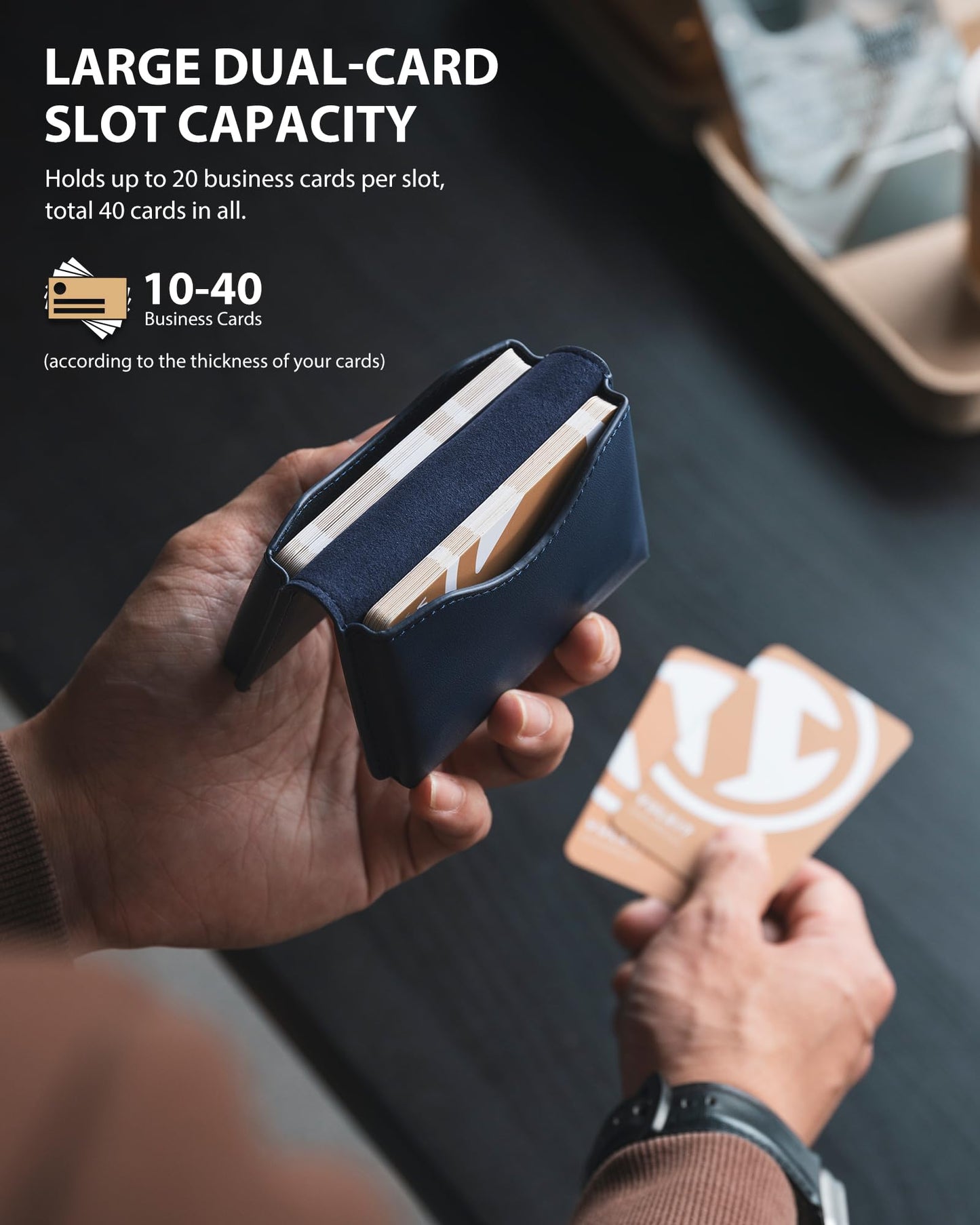 VULKIT Leather Business Card Holder, RFID Blocking, Magnetic Closure, 2 Big Slots Holds up to 40 Cards, Navy Blue