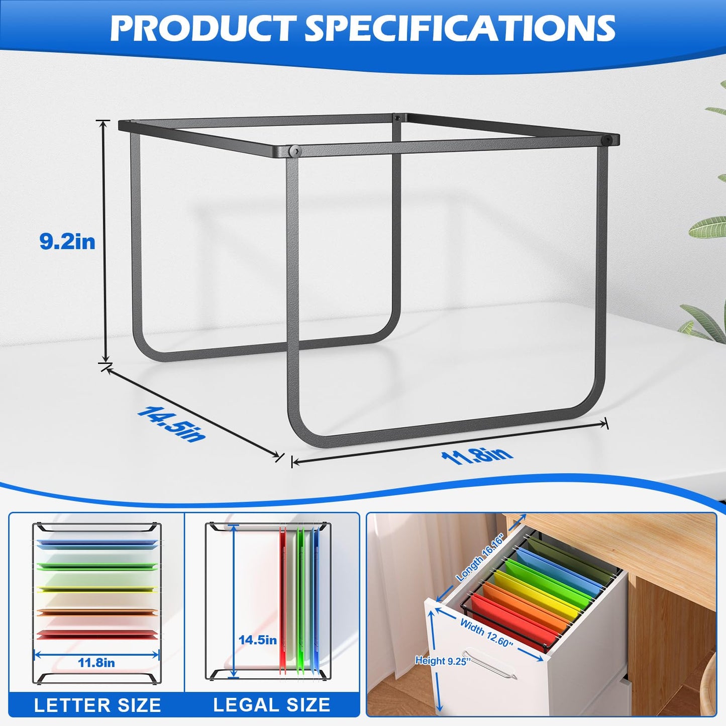 Fun storage 1 Pack Legal and Letter Size Hanging File Folder Frame Desk Organizer Destop Hanging File Frame, Hanging Folder Holder Metal Rack for Filing Cabinet File Drawer, 15.3" L12.4 W9.4 H