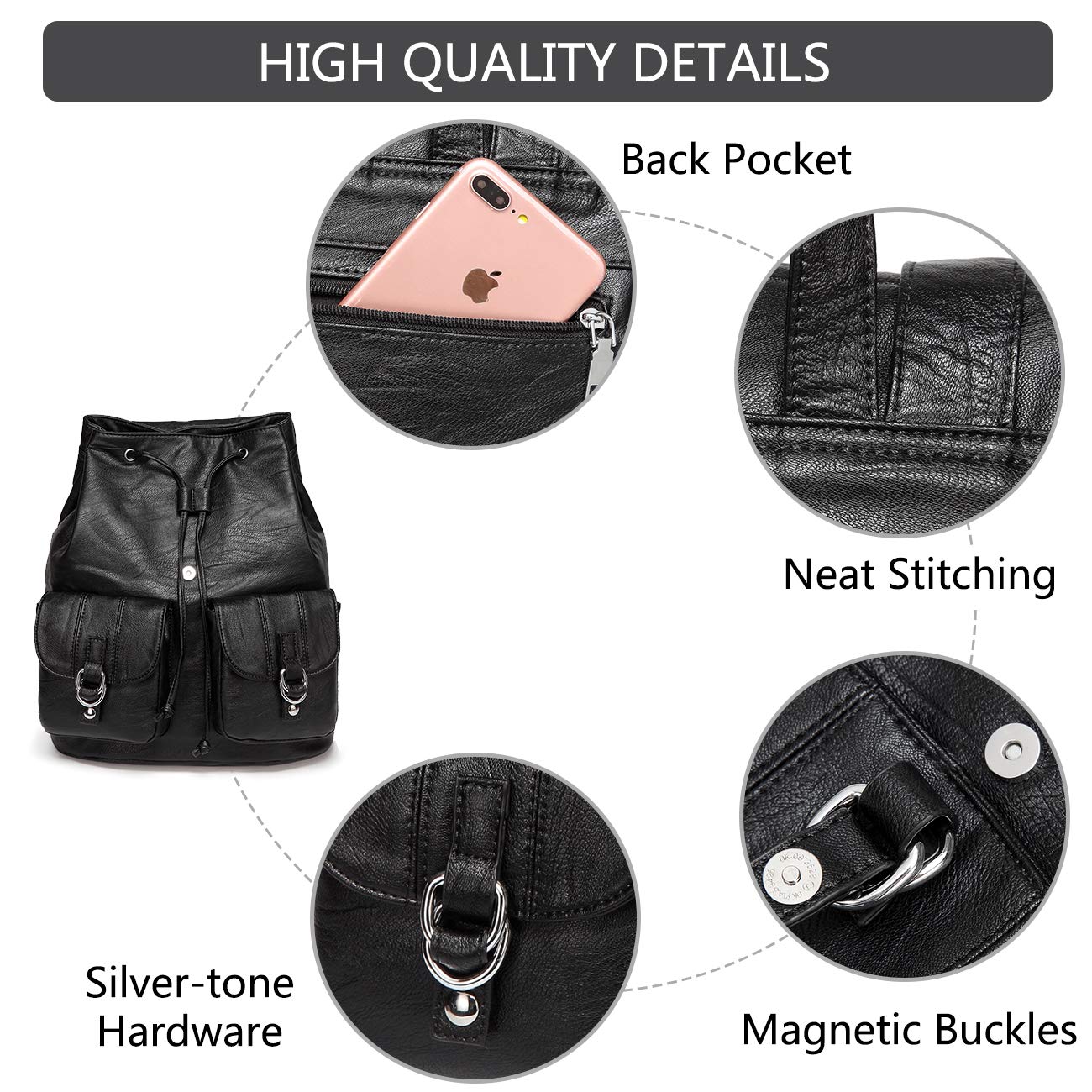 VASCHY Mini Backpack Purse for Women, Fashion Faux Leather Buckle Flap Drawstring Backpack for College with Two Front Pockets Black