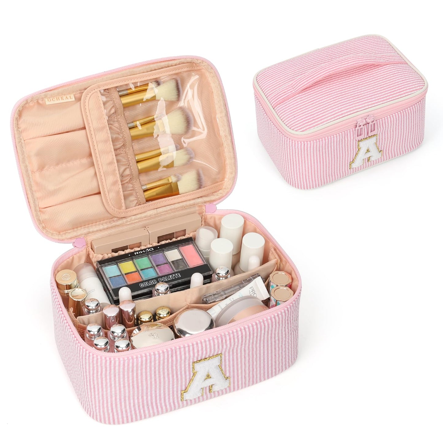 OCHEAL Makeup Bag for Women, Monogram Cosmetic Bag Pink Travel Makeup Case Beauty Toiletry Bag Organizer Personalized Gifts for Girls Bridesmaid, Sister, Wife, Friends Initial A