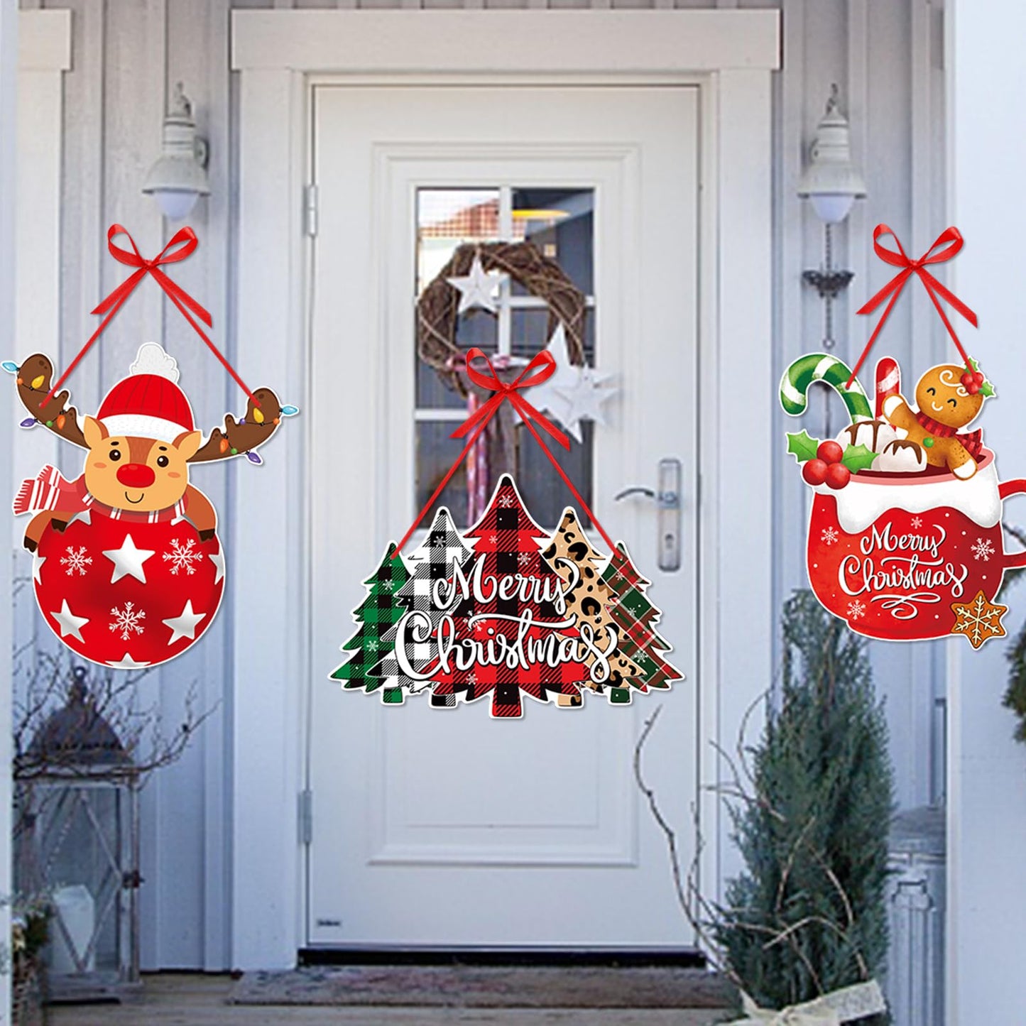 Merry Christmas Home Front Porch Door Hanger Decor Red Green Party Paper Signs Banners Tree Elk Snowman Santa Claus Wall Hanging Indoor Decorations