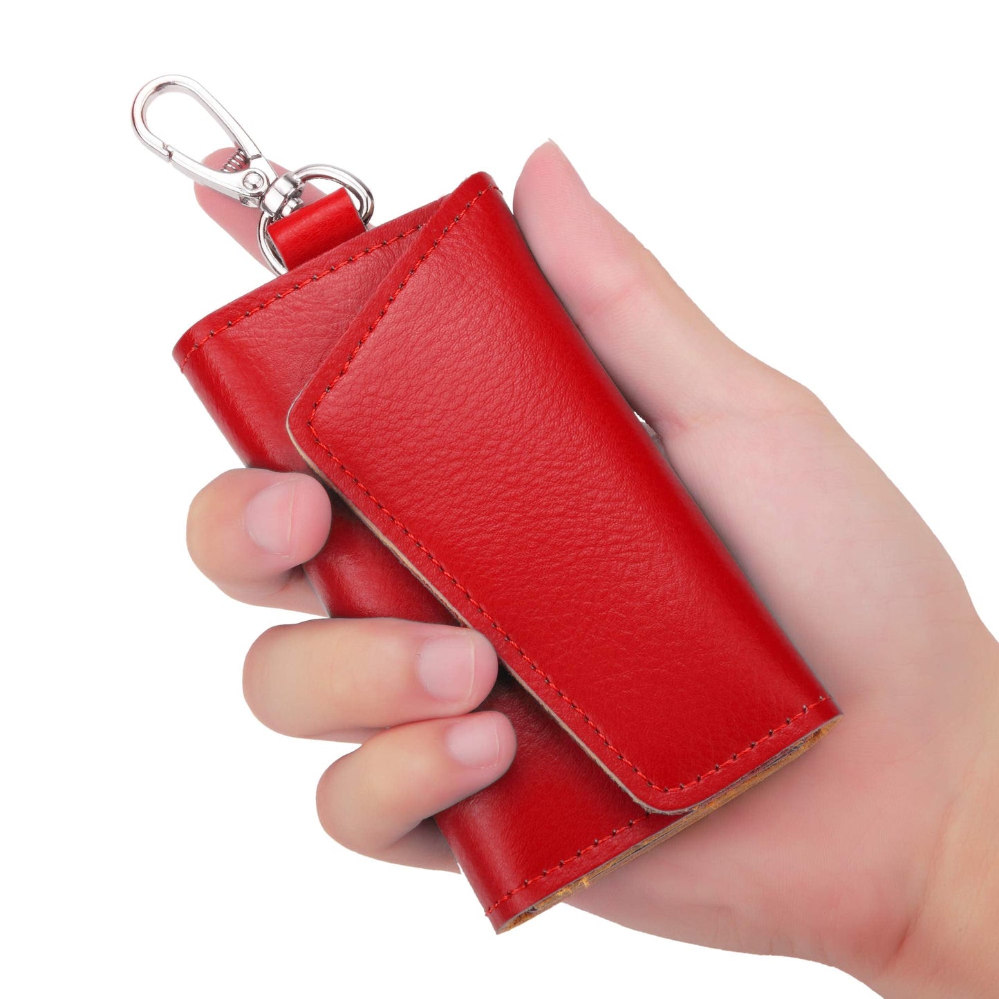 BAKUN Compact Leather Car Key Case, Key Holder Key Organizer Wallet, With 6 Hooks(Red)