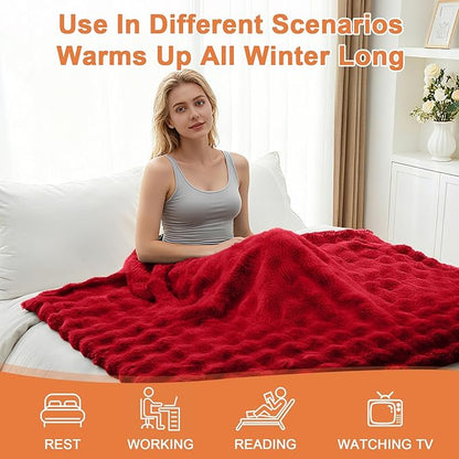 Heated Blanket Electric Throw Blanket 50''X 60''-Heating Blanket with 6 Heat Settings-4 Hours Auto Off,Cozy Faux Rabbit Fur Bubble Electric Blanket,Red
