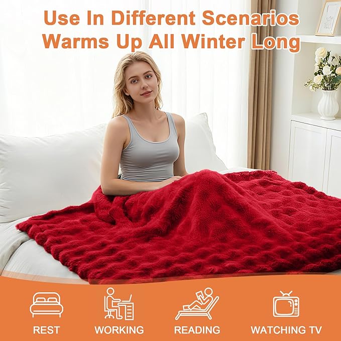 Heated Blanket Electric Throw Blanket 62''X 84''-Heating Blanket with 6 Heat Settings-10 Hours Auto Off,Cozy Faux Rabbit Fur Bubble Electric Blanket,Red
