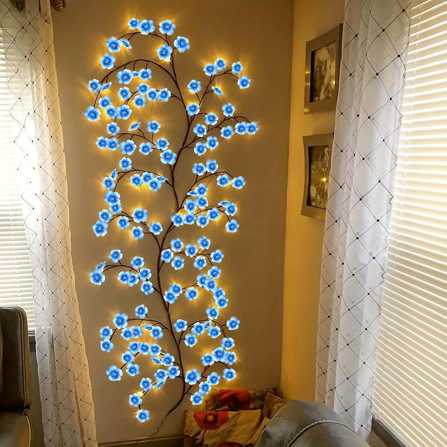 Blue Cherry Blossom Tree Branch Lights for Wall,Cherry Enchanted Willow Vine Lights,with 96 LED and 8 Lighting Modes,Remote Timer,for Bedroom Wall Doors Windows Wedding Christmas Holiday (71inch)