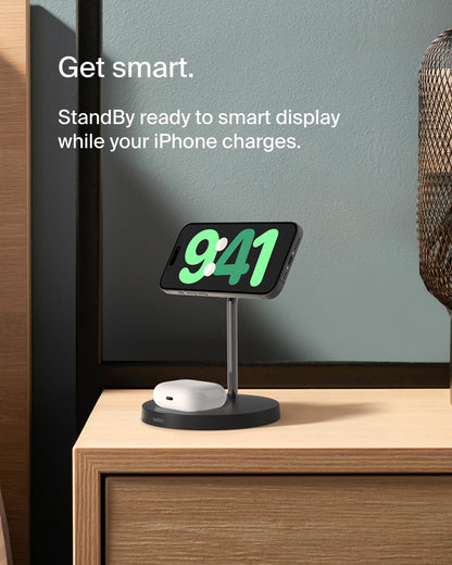 Belkin 2-in-1 MagSafe Wireless Charging Dock 15W Fast Charge iPhone Charger Compatible with iPhone 17, 16, 15, and 14 Series, AirPods, Pixel 10, and Other MagSafe Enabled Devices, PSU Included - Black