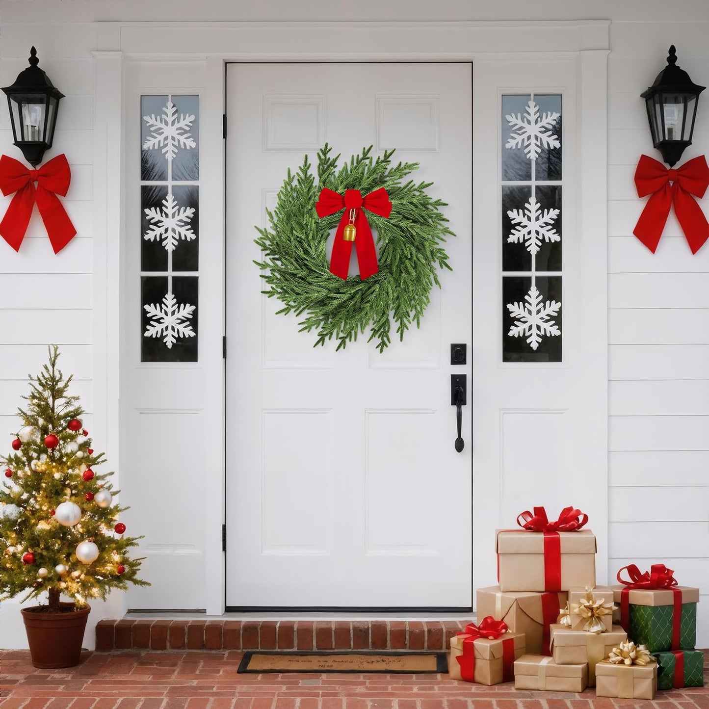 AMORISE 26" Christmas Wreath for Front Door, Artificial Wreath with Bow and Bell,Real Touch Pine Winter Wreath Christmas Decoration for Porch,Window,Wall,Thanksgiving Day Harvest Festival