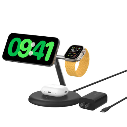 Belkin MagSafe-Compatible Charger, 3-in-1 Wireless Charging Station, Qi2-Certified 15W Wireless Charge for Apple iPhone 17 Series, Apple Watch, AirPods w/Non-Slip Base, 40W Included - Black