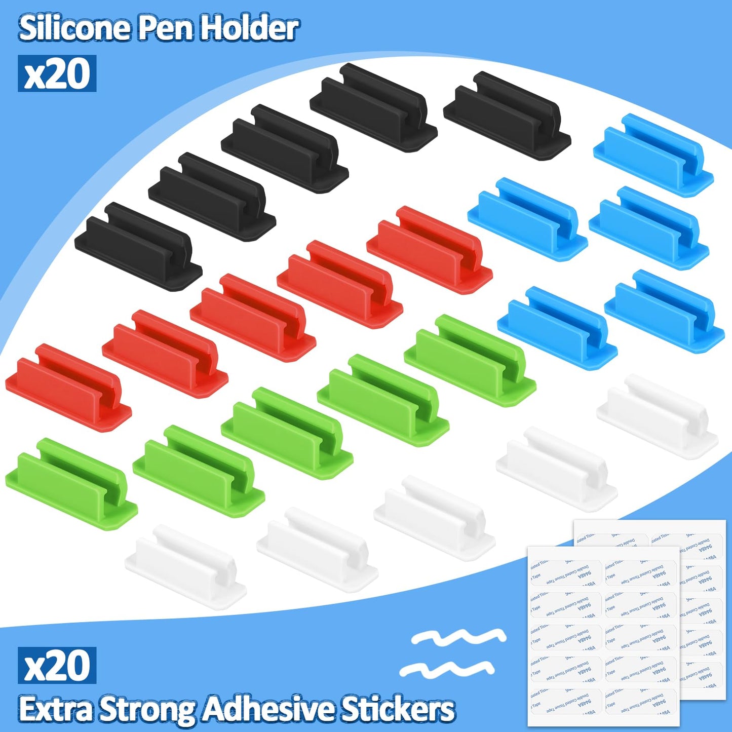 BOBOKA 20Pcs Pencil Holder for Desk, Adhesive Pen Holder for Classroom Clipboard Attachment, Silicone Pencil Holder & Marker Holder for School Office Desk Accessories, Teacher Supplies