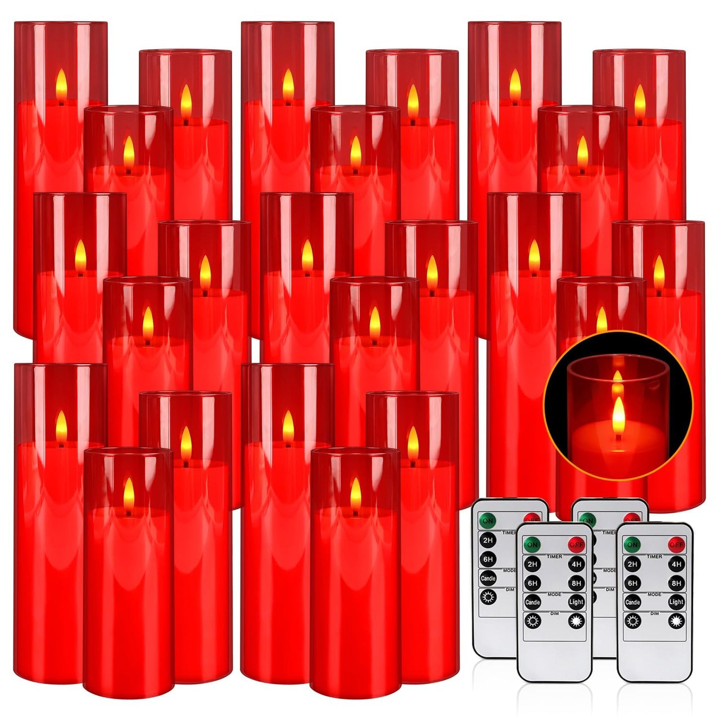 Grcdoyvl 24-Pack Red Flameless LED Candles - Remote Control & Timer, Realistic Flickering for Chinese New Year Decor, Valentine's Day, Romantic Home Ambiance, Fireplace Mantel & Festive Centerpieces