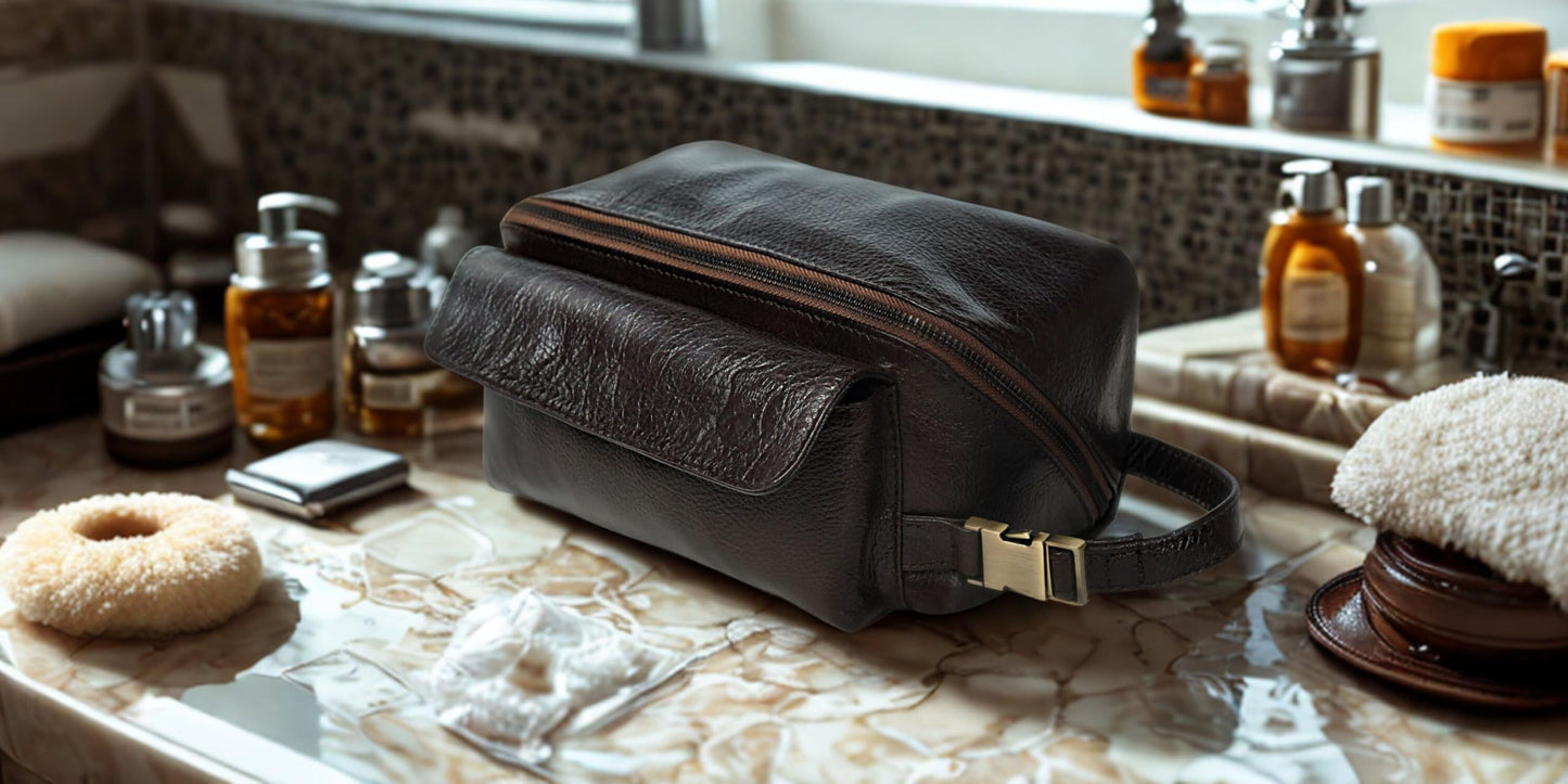 Coyote Bay® Flypouch Premium Full Grain Soft Leather Makeup Bag Small 7.5 Inch, Travel Organizer Pouch, Shaving Kit, Cosmetics Toiletry Bathroom Organizer Kit (Brown, Small)