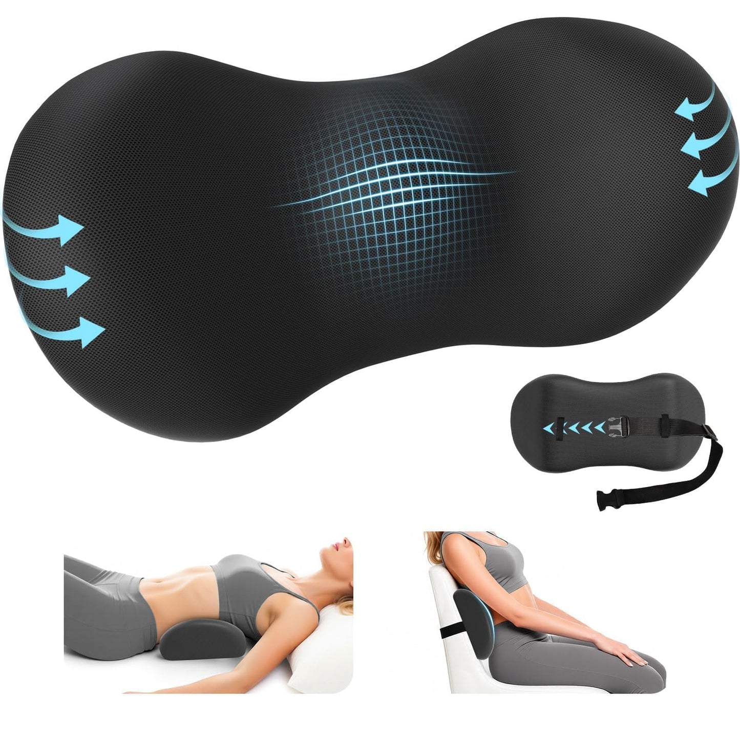 SweetSlubr Lumbar Support Pillow for Office Chair - Memory Foam Lumbar Pillow with Detachable Strap & Breathable Cover, Ergonomic Back Support for Office Chair, Car Seat Cushion, Bed Rest (Black)