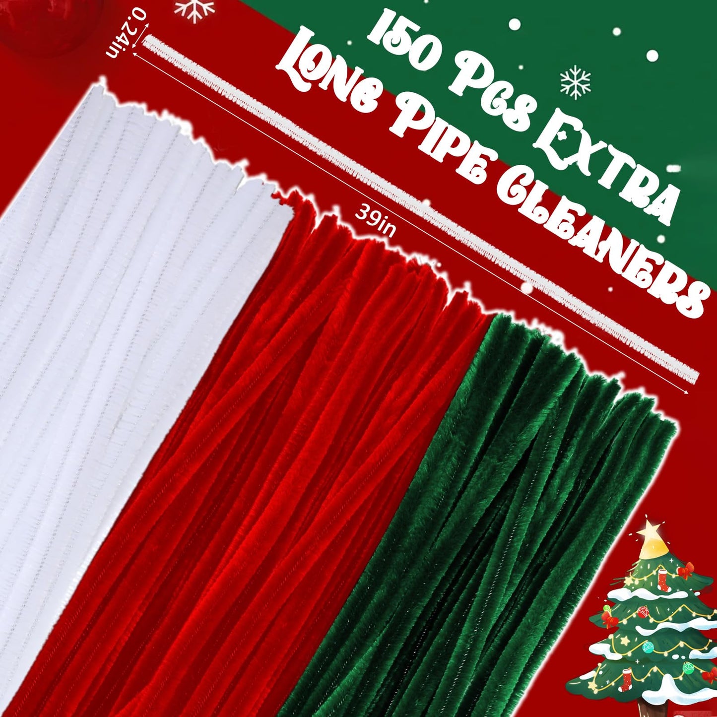 RoundFunny 150 Pcs 39 Inches Extra Long Christmas Pipe Cleaners Crafts, 6mm Fuzzy Green Red White Chenille Stems Bulk for DIY Art Projects Flower Creative Supplies Xmas Party Decorations