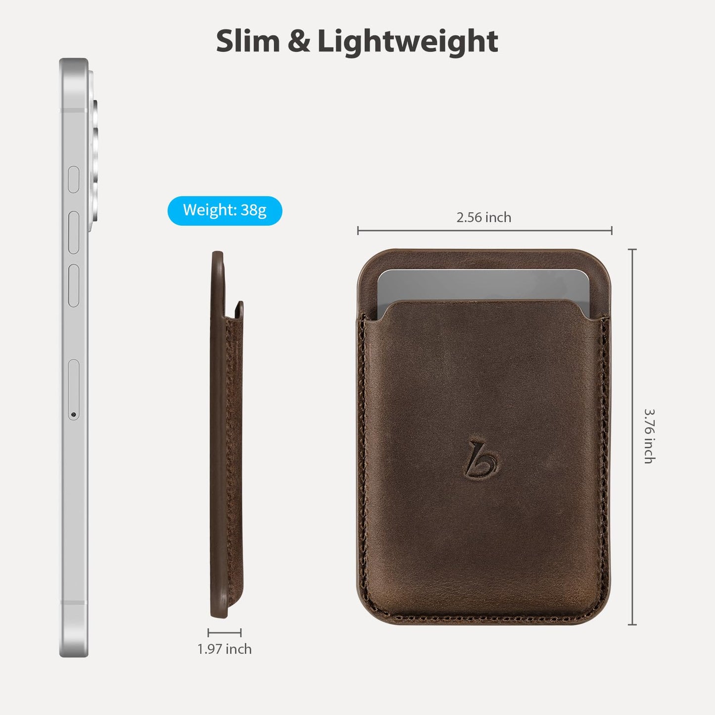 Belemay Minimal Wallet Compatible with Magsafe, Strong Magnetic Card Holder for 1-2 Cards, Vintage Crazy Horse Leather, Compatible with iPhone 17/16/15/14/13/12 Series and MagSafe Cases, Rustic Brown