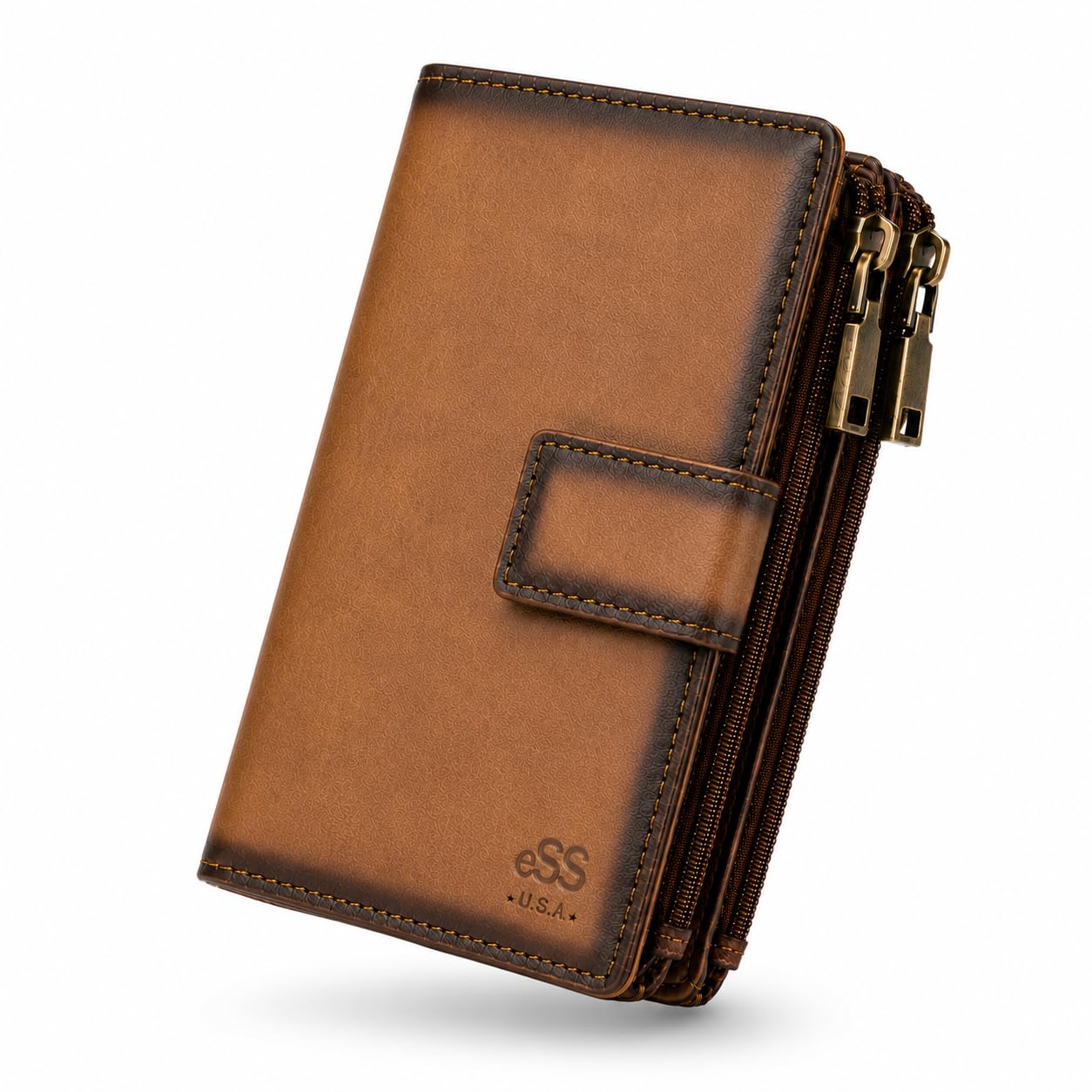 ESS RFID Blocking Leather Wallet for Women Slim Bifold Card Holder – Double Zipper Money Organizer with 43 Card Slots, Passport Pocket, iPhone Storage, ID Window, Travel Wallet Brown