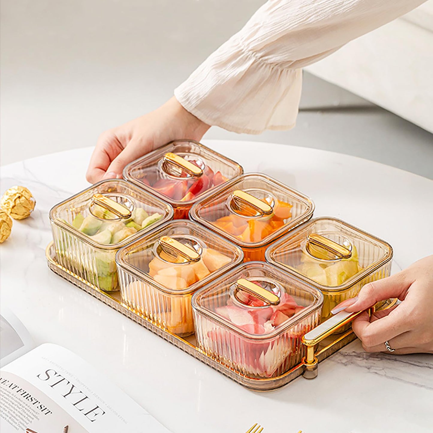 WUWEOT Nut and Candy Serving Tray, Divided Snack Serving Bowls, Plastic Compartment Appetizer Food Display Dish Platter with Lid Tray and Handle for Fruit Dessert Nuts Snacks Candy Chip Dip