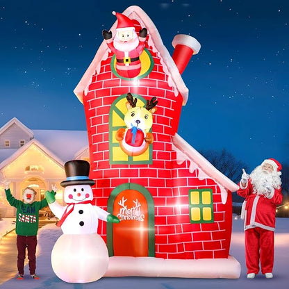 12FT Christmas Inflatable Outdoor Decoration, Huge Christmas Castle with Santa Snowman and Reindeer with Built-in LED Lights, Giant Blow Up House with Chimney for Xmas Decor Lawn, Yard, Party