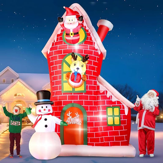 12FT Christmas Inflatable Outdoor Decoration, Huge Christmas Castle with Santa Snowman and Reindeer with Built-in LED Lights, Giant Blow Up House with Chimney for Xmas Decor Lawn, Yard, Party