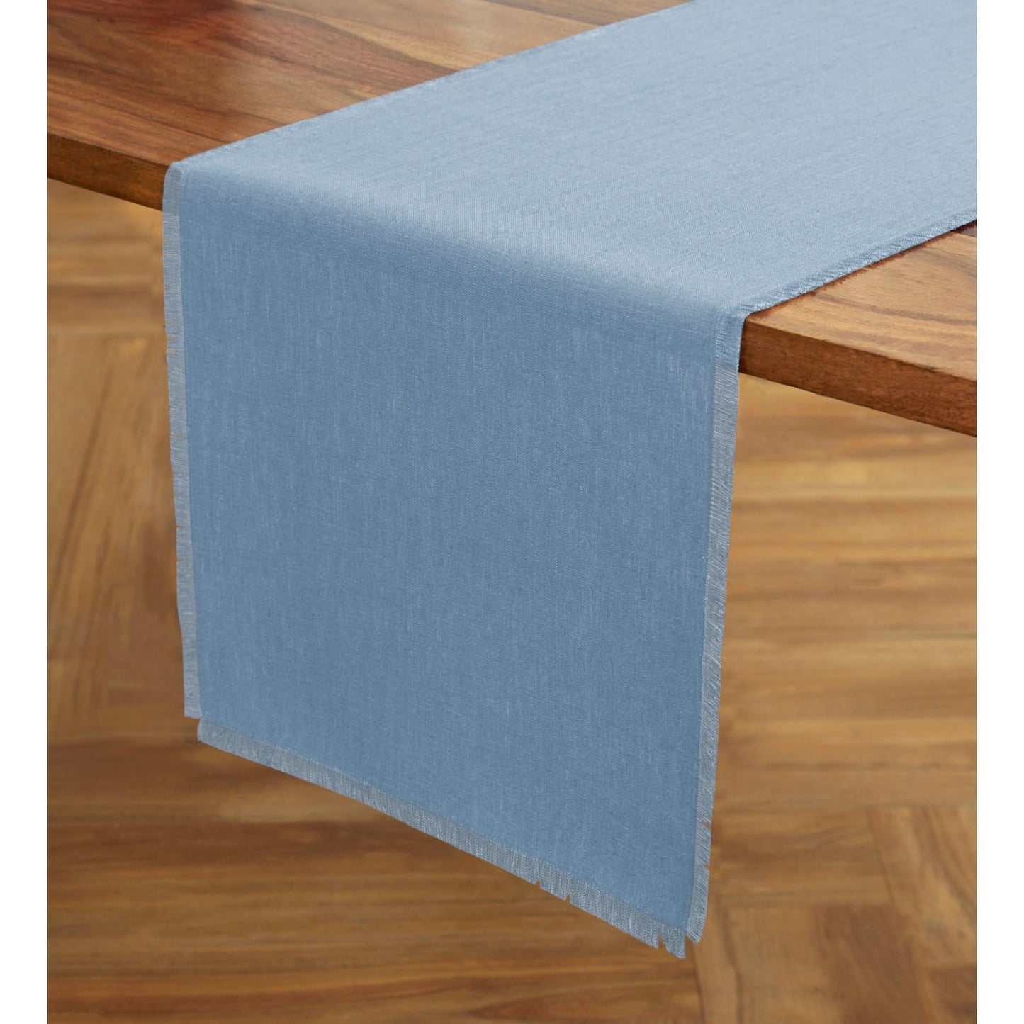 Solino Home Linen Dusty Chambray Blue Table Runner 108 Inches Long - Fringe, 100% Pure Linen 14 x 108 Inch Table Runner for Summer