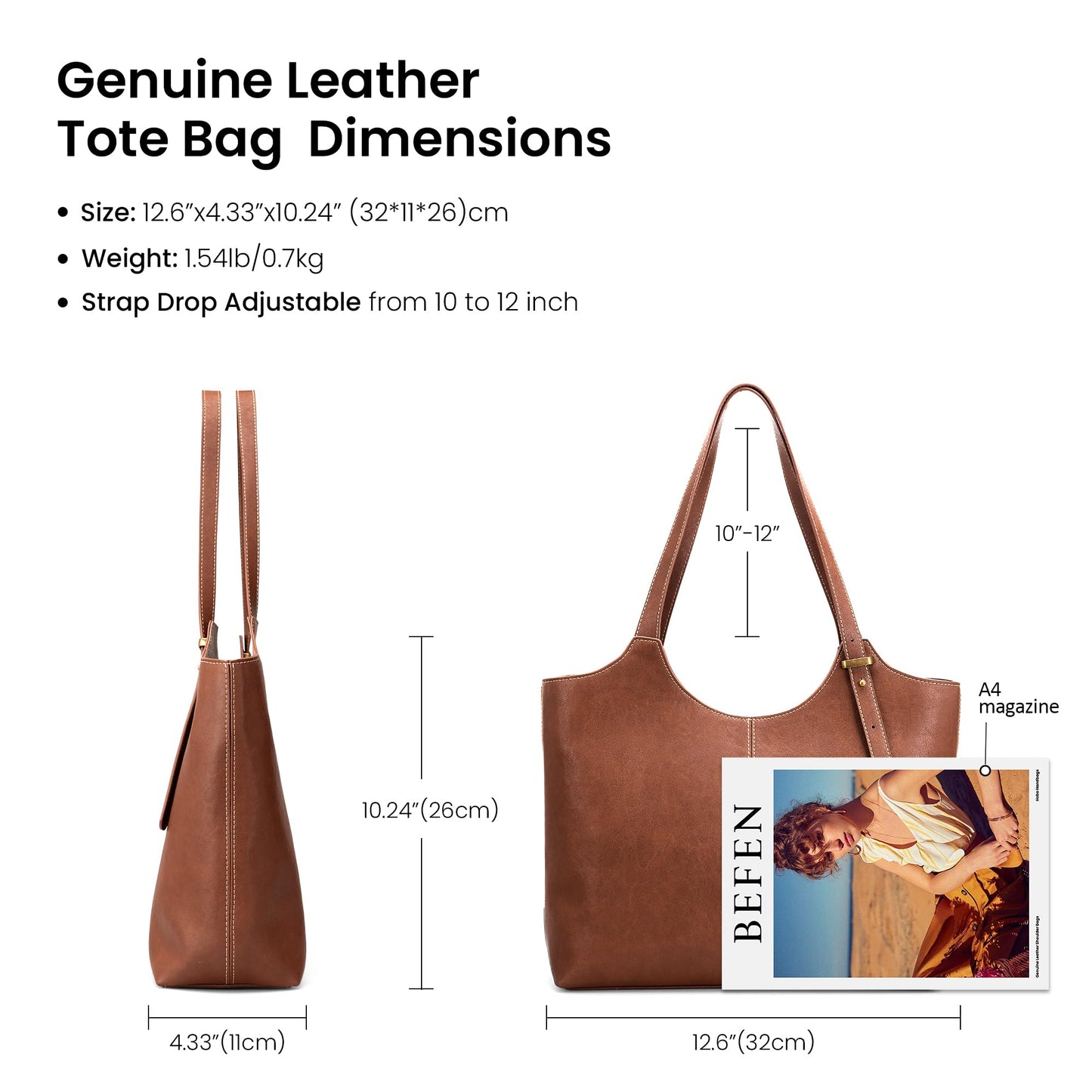 befen Genuine Leather Tote Bags for Women Work, Real Brown Leather Shoulder Handbags Zippered Satchel Purses with Adjustable Strap for Casual Shopping Travel Taupe, Brown