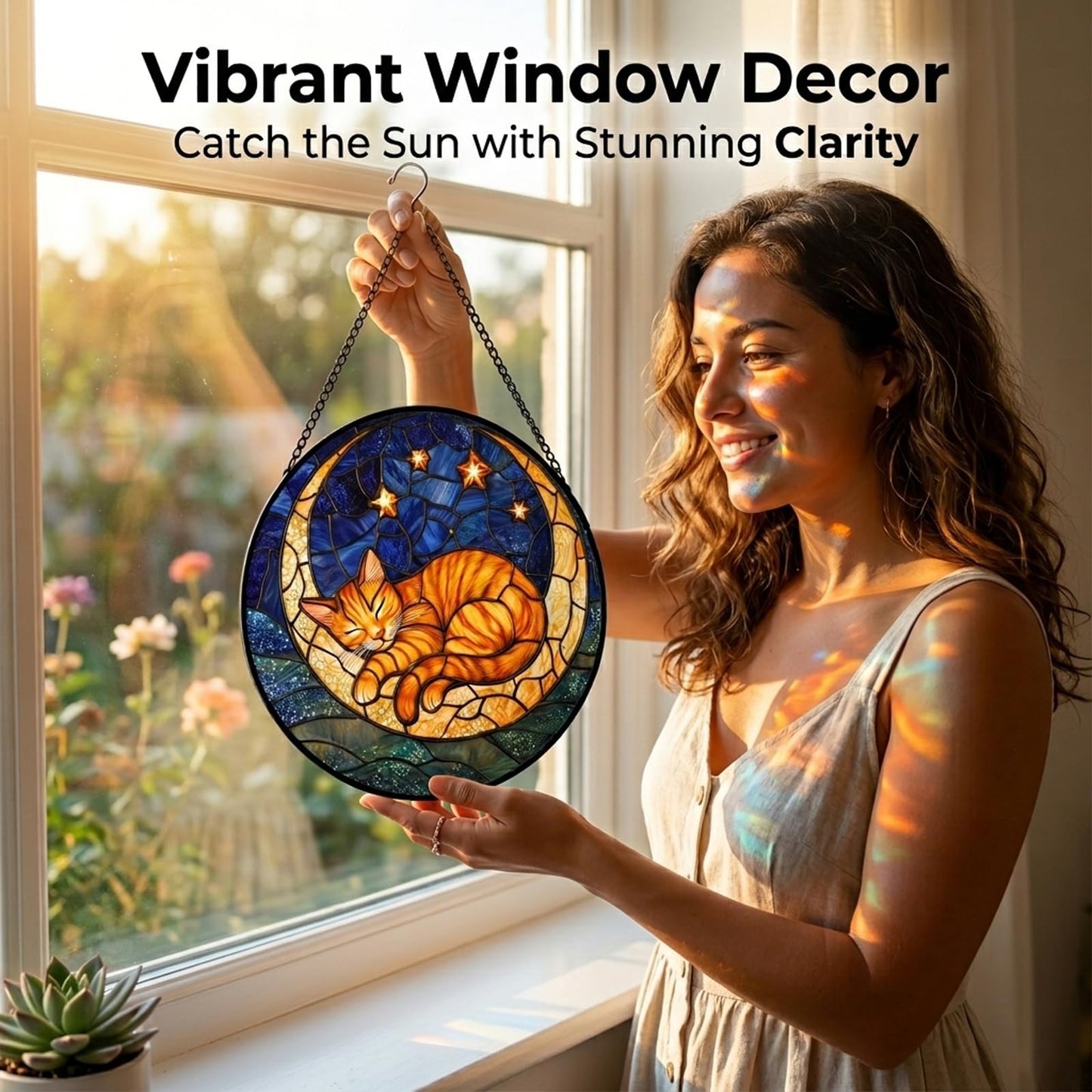 Birthday Gifts for Women - Blue Starry Sky Moon Cat Faux Stained Glass Window Hanging Sun Catcher Mother's Day for Mom Nana Friend Grandma Wife and Door Garden Acrylic Decor 7.8"