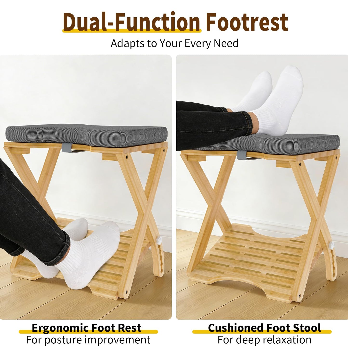 Double Step Foot Rest Under Desk at Work, Bamboo Foot Stool with 6 Adjustable Heights, Ergonomic Under Desk Footrest with Cushion for Home, Office & Gaming (Natural Color)