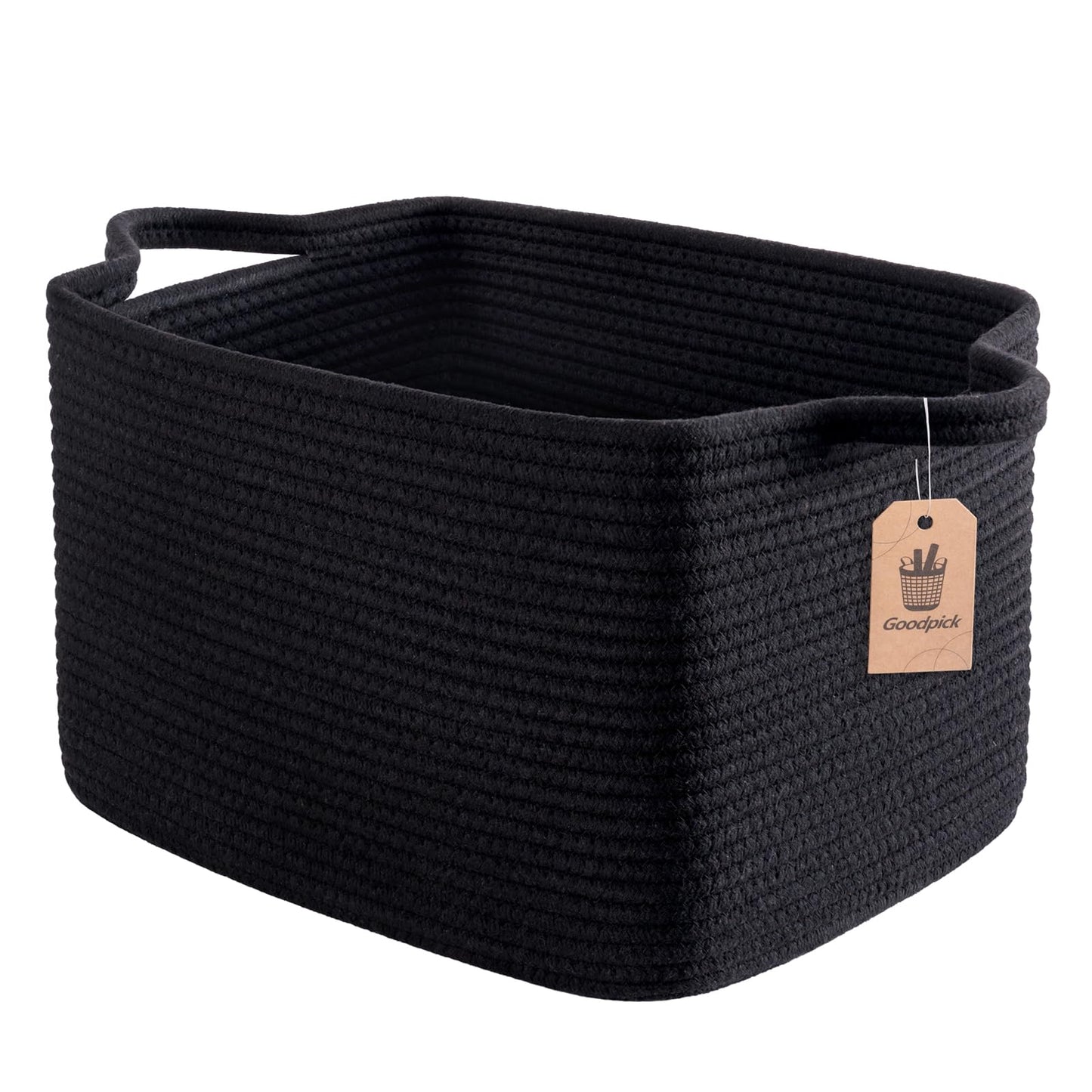 Goodpick Woven Storage Baskets for Organizing, Cotton Rope Organizer for Living Room Bedroom, Black Laundry Basket with Handles, Stylish Gift Baskets for Baby Boys, 13"x10"x9"