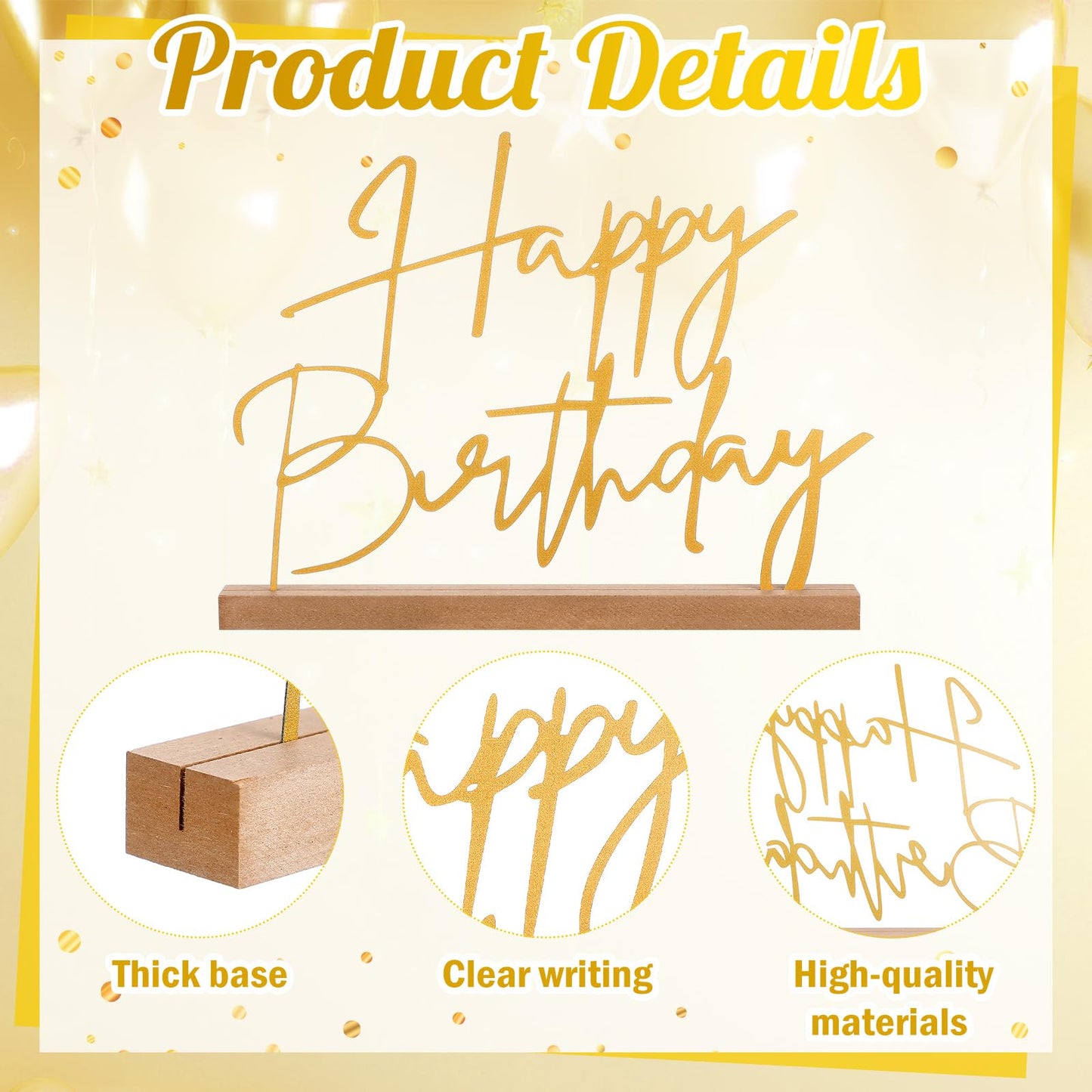 Yaocom 13.78 Inch Happy Birthday Table Sign Happy Birthday Metal Letter Decor Freestanding Tabletop Decoration with Wooden Base for Home Tiered Tray Centerpiece Mantel Shelf Fireplace Office