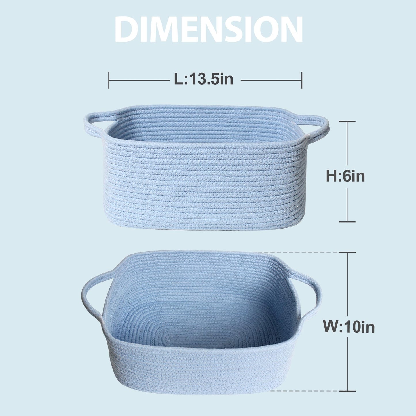MEGASKET Blue Woven Basket, 13.5” x 10” x 6” Blue Empty Gift Basket to Fill, Decorative Cotton Rope Storage Bin for Organizing, Cute Baby Nursery Organizer, Rectangle Dog Toy Bin, Room Decor
