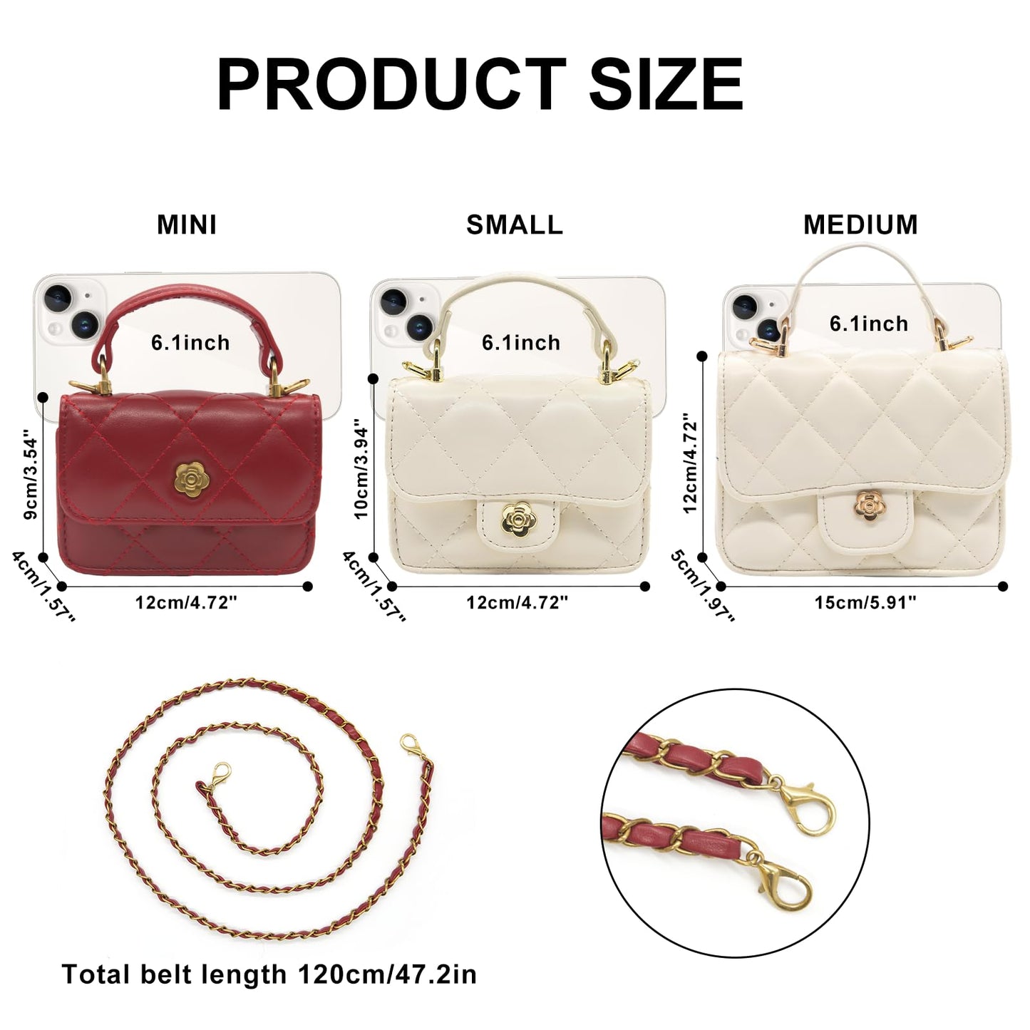 YAMEIZE Mini PU Leather Chain Belt Purse for Women Quilted Waist Tote Bag Crossbody Fanny Pack Detachable Belt Chain