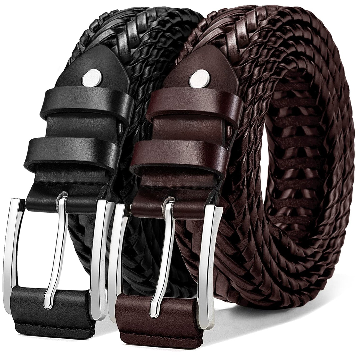 KEMISANT Mens belt 2 Pack, Woven Braided Leather Belt for Men Causal Golf Pants Polo Shirts Matching