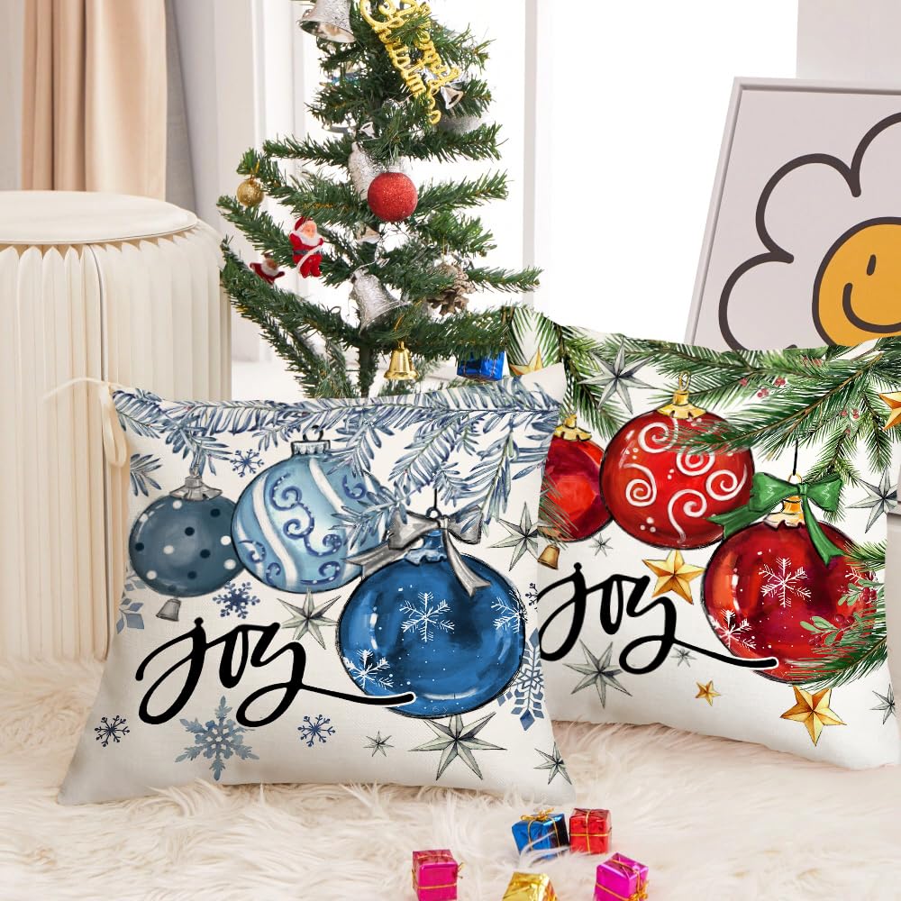 AACORS Christmas Pillow Cover 20X20 Inch Baubles Christmas Tree Stars Joy Decoration Holiday Farmhouse Winter Pillow Case for Sofa Couch Decor（Blue） AA614-20