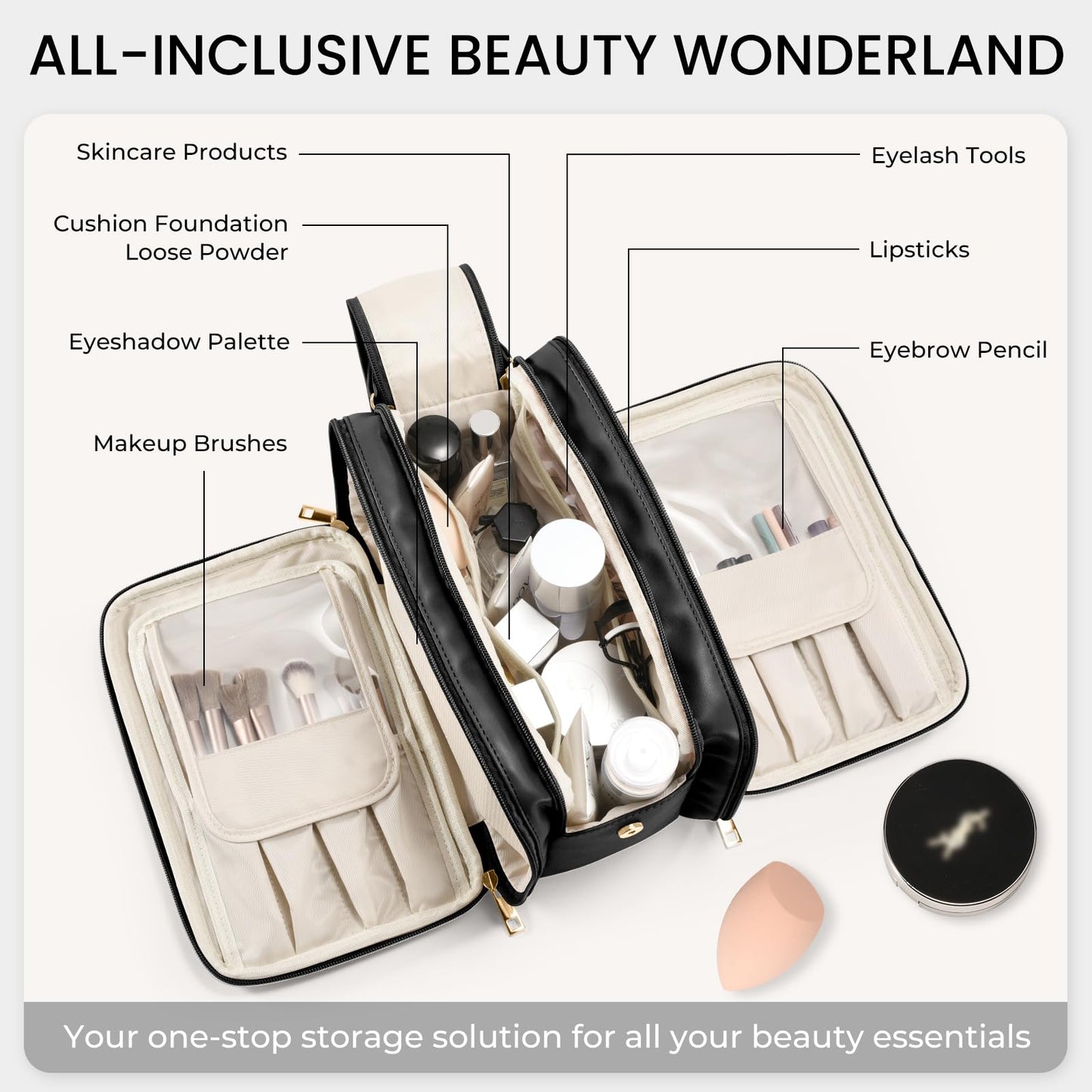 Travel Makeup Bag Women's Large Capacity Cosmetic Portable Organizer Large Opening Waterproof Storage Toiletry Bags Vertical Free-Standing Brush Holder for Easy Access Black