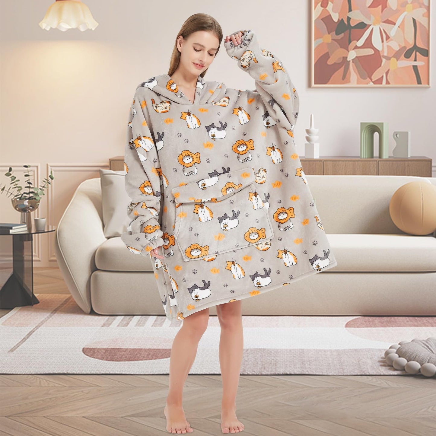 Mewkou Wearable Blanket Hoodie for Adult,Oversized Sherpa Fleece Blanket Hoodie for Women Men,Cat