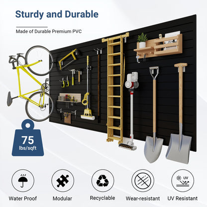 Neoaider Slatwall Panel 8 FT x 4 FT, Interlocking Slat Wall Paneling, Wall Mounted PVC Wallpanel, Suitable for Garage Storage and Organizer, Slatwall Board, Shelves - Black